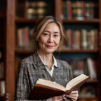 po文屋内容运营总监陈默头像，温和知性的女性编辑，手持书本，背景为温暖书房