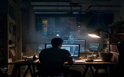 po文屋悬疑短篇作者凌晨码字人在深夜书桌前创作，台灯光晕营造神秘氛围，屏幕上显示悬疑故事章节
