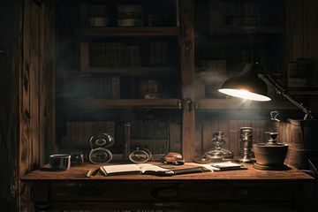 po文屋悬疑短篇合集分类封面，昏暗灯光下神秘书桌与放大镜，悬疑侦探氛围浓厚