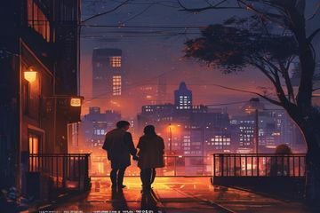po文屋都市情感小说分类封面，城市夜景霓虹灯光下两人相遇的浪漫场景，暖色调温馨氛围