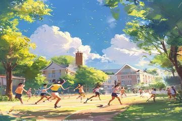 po文屋青春校园故事分类封面，阳光明媚的校园操场上学生奔跑嬉戏，青春活力四溢
